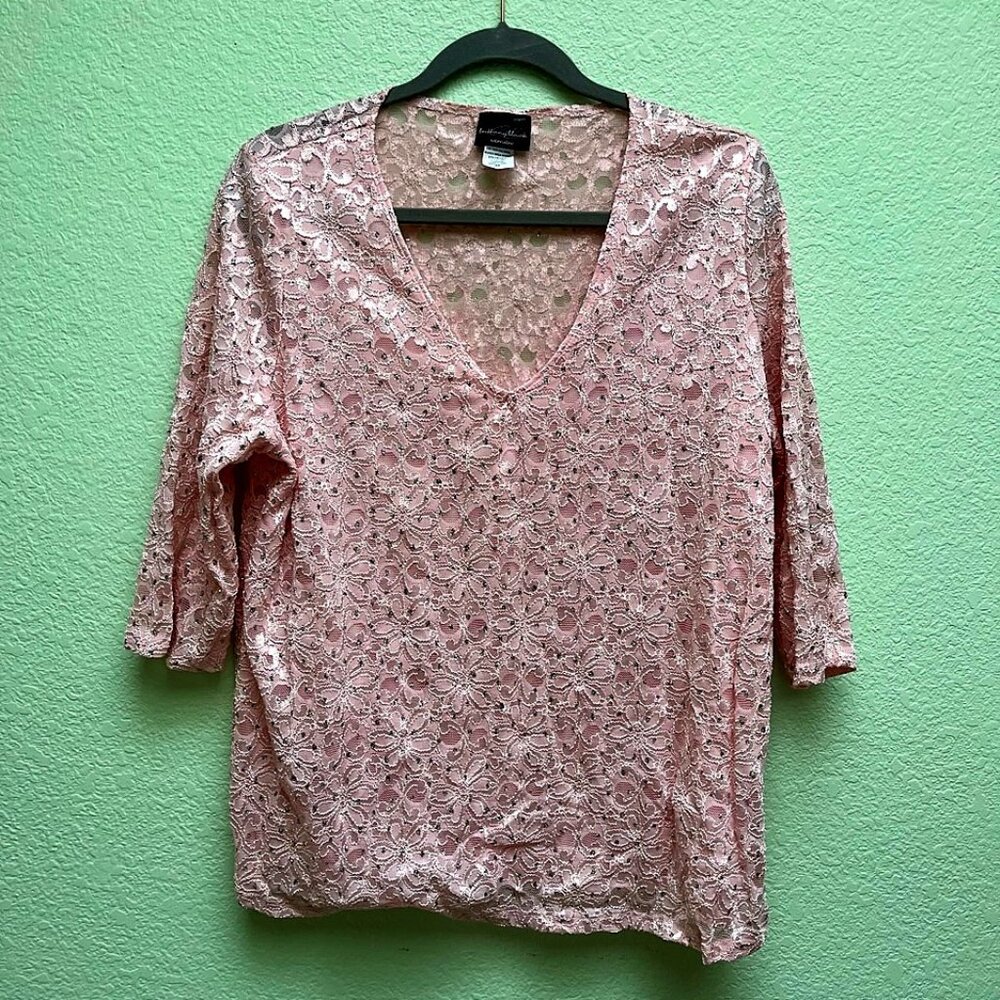 Brittany Black Ladies 3/4 Length Sleeve Pink Lace TOP with Rhinestones Size 2X